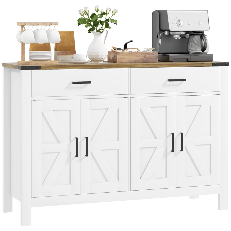 HOMCOM Buffet meuble de rangement style rural 2 tiroirs et 2 placards avec étagères réglables, 120 x 39,3 x 82,5 cm, blanc