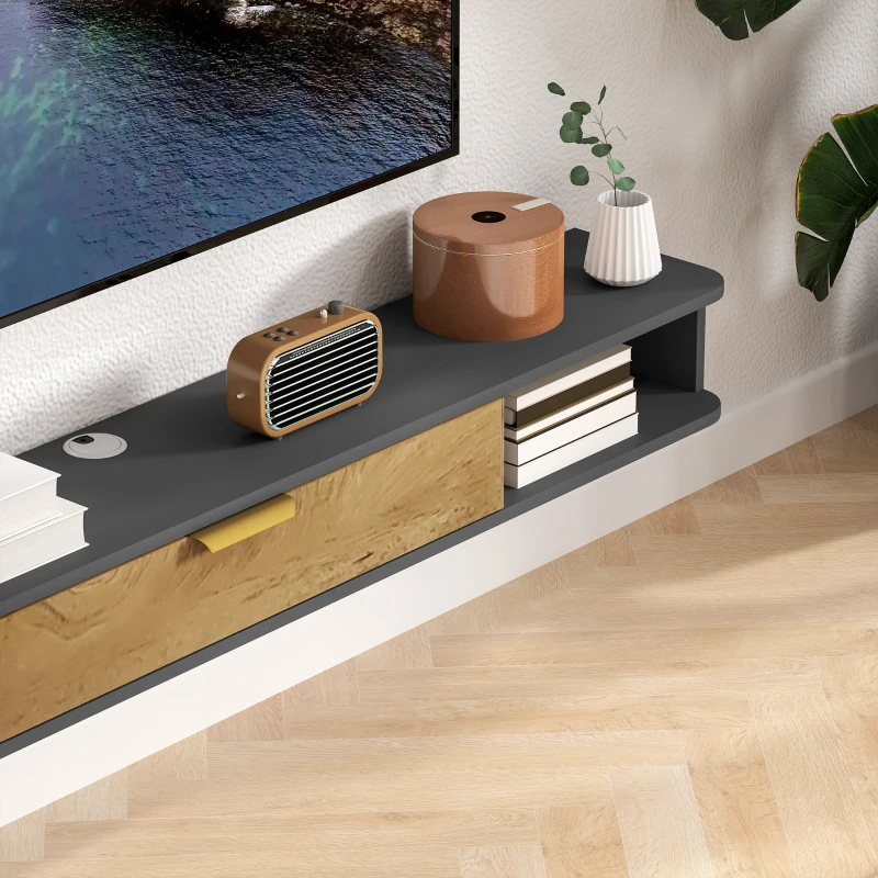 HOMCOM Meuble TV suspendu avec compartiments ouverts, porte rabattable et passe-câbles, 160 x 24 x 16 cm, gris