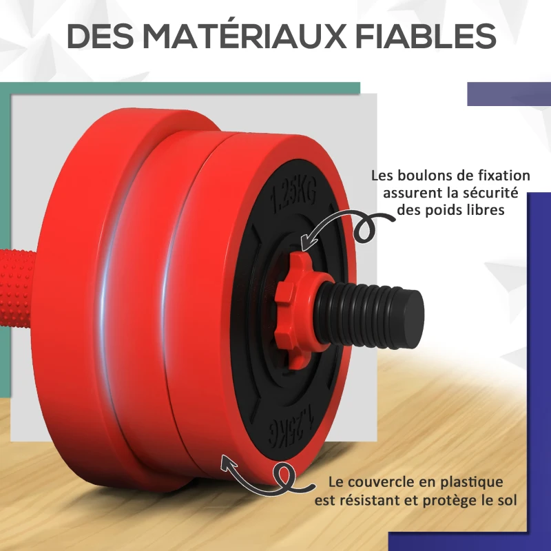 SPORTNOW Kit haltères musculation, haltères réglables 4 en 1, 20 kg, avec disques et barres, équipement de gym à domicile, rouge