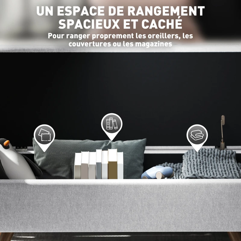 HOMCOM Banc de rangement 53,8L avec siège rembourré en lin et accoudoirs, pour salon, chambre, entrée, 132 x 42 x 50 cm, gris