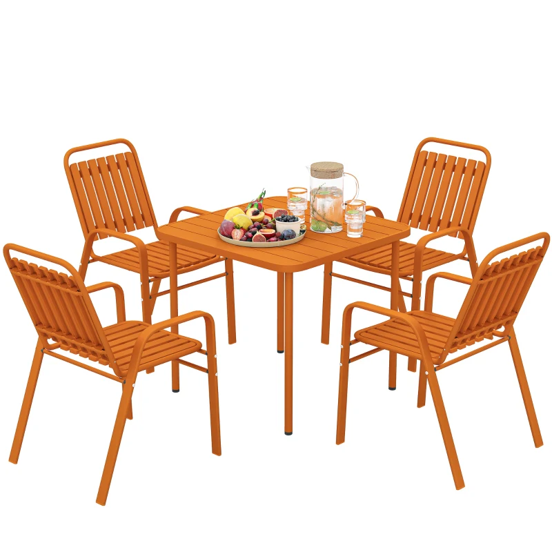 Outsunny Table de jardin extérieure avec 4 chaises empilables, plateau à lattes 80 cm, structure en acier anti-rouille, orange