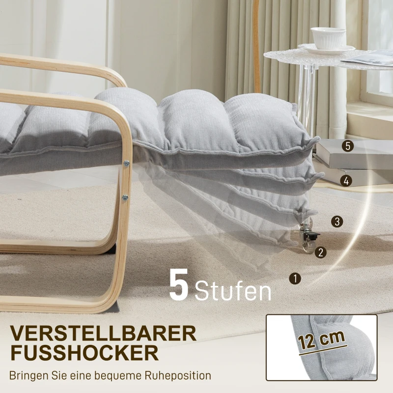 HOMCOM Fotel z laminowanej brzozy, tapicerowany fotel z regulowaną podnóżką, nowoczesny fotel z podłokietnikami, Jasnoszary