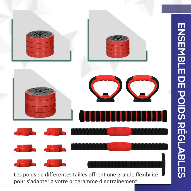 SPORTNOW Kit haltères musculation, haltères réglables 4 en 1, 20 kg, avec disques et barres, équipement de gym à domicile, rouge