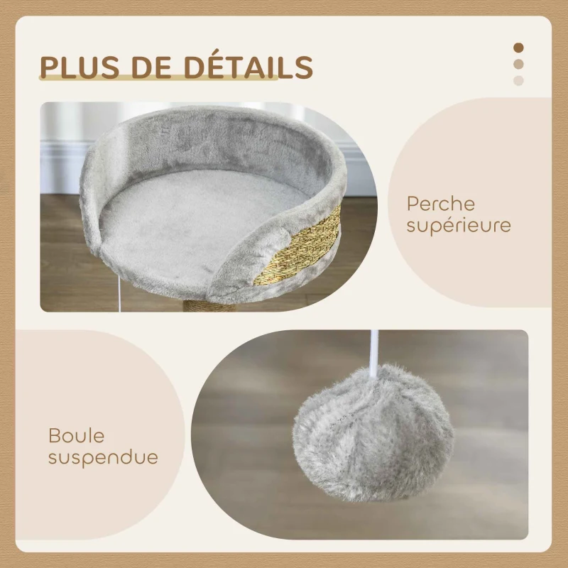 PawHut Arbre à chat arbre à grimper grattoir design jeu pompon suspendu + plateforme peluche 40 x 40 x 49 cm jute gris
