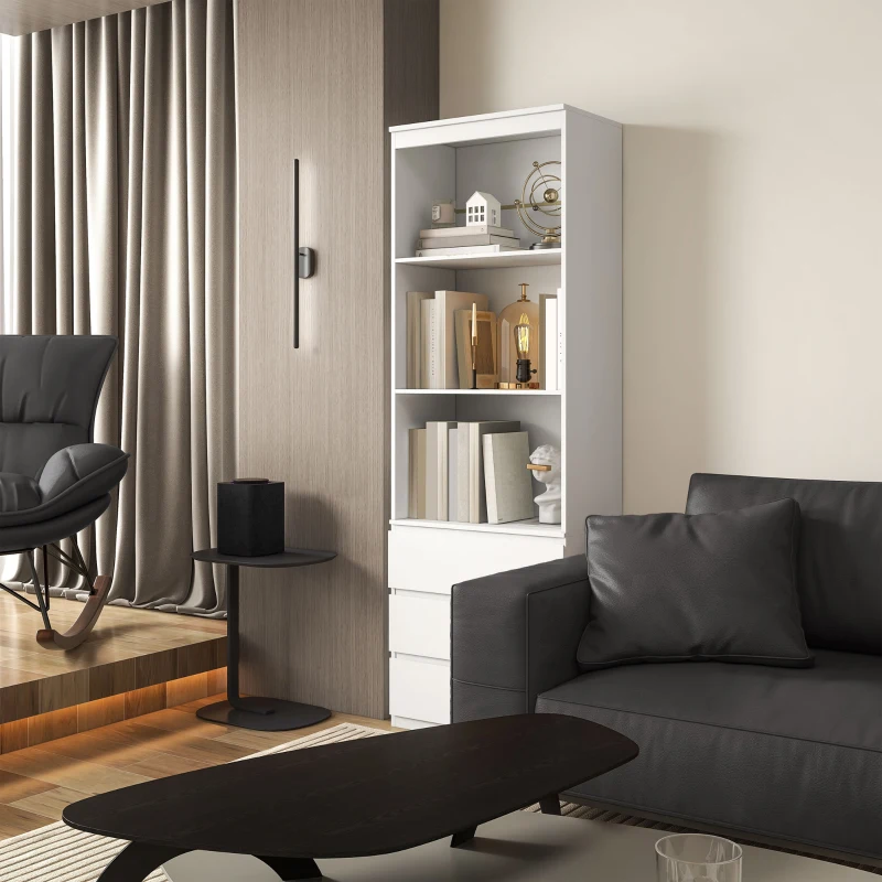 HOMCOM Bibliothèque haute de 180 cm avec 3 étagères et 3 tiroirs 60 x 35 x 180 cm en bois blanc