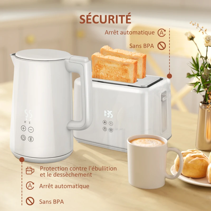 HOMCOM Ensemble bouilloire grille-pain, bouilloire en acier inoxydable 1,5 L et 2200 W et grille-pain à 2 tranches, crème