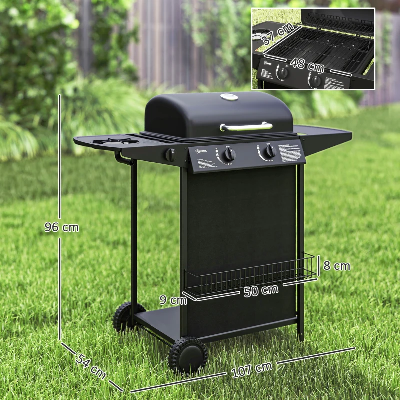 Outsunny Gasgrill 7 KW Grillwagen inkl 3 Brenner Seitenkocher Rolle Deckel 107 x 54 x 96 cm Schwarz