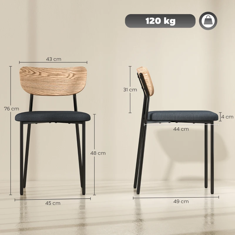 HOMCOM Lot de 2 chaises de salle à manger avec pieds en acier, dossier incurvé et assise rembourrée, gris et effet bois naturel