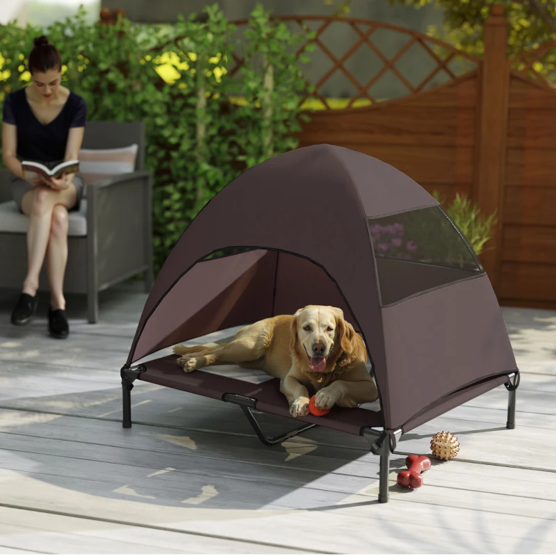 PawHut Outdoor Hondenligbed met Dak, Verhoogd Hondenbed voor Grote Honden, 91 x 76 x 90 cm, Koffie
