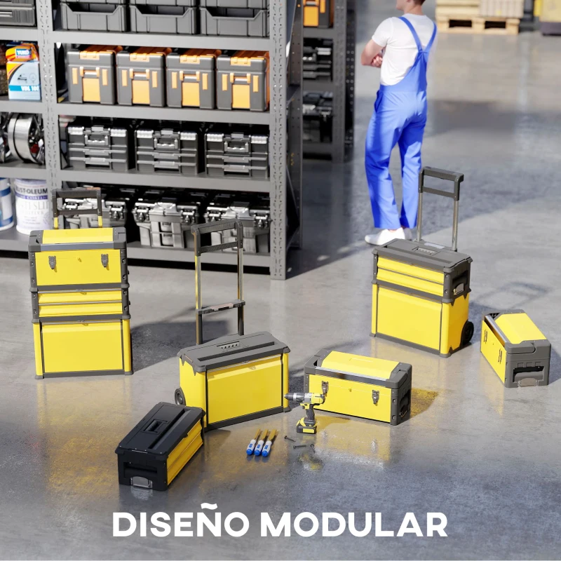 HOMCOM Caja de Herramientas con Ruedas Apilable Carro de Herramientas de Acero con Bandeja Mango Telescópico Amarillo y Negro