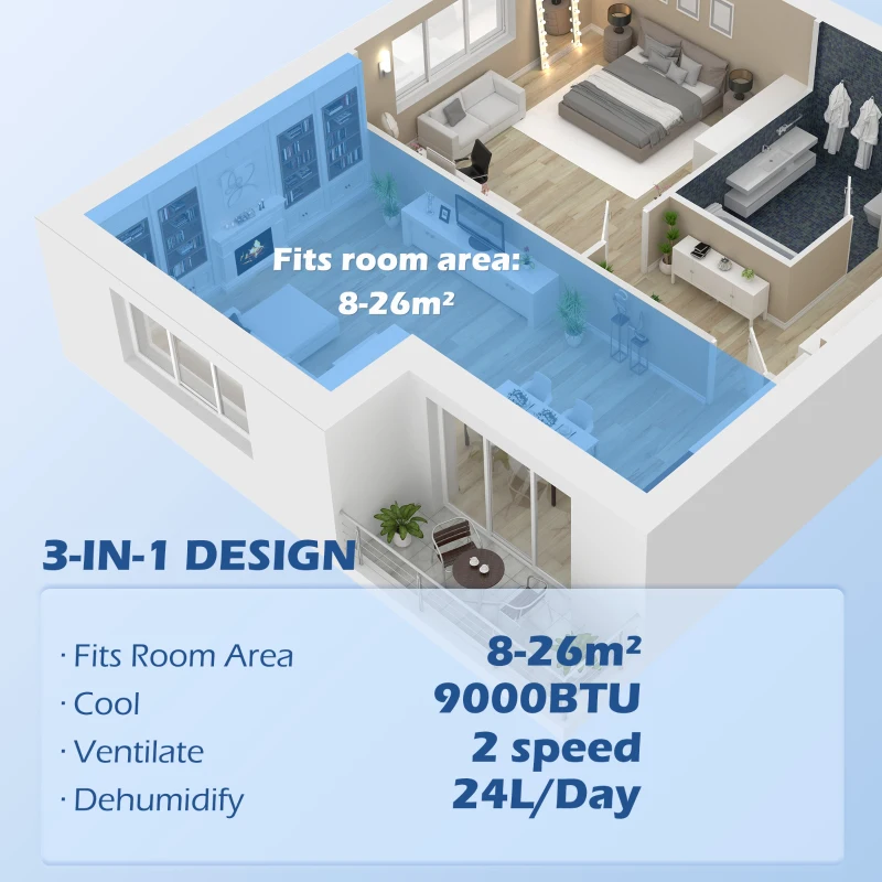 HOMCOM 7,000 BTU Mobile Air Conditioner for Room up to 26m², with Dehumidifier, 24H Timer, Wheels, Window Mount Kit
