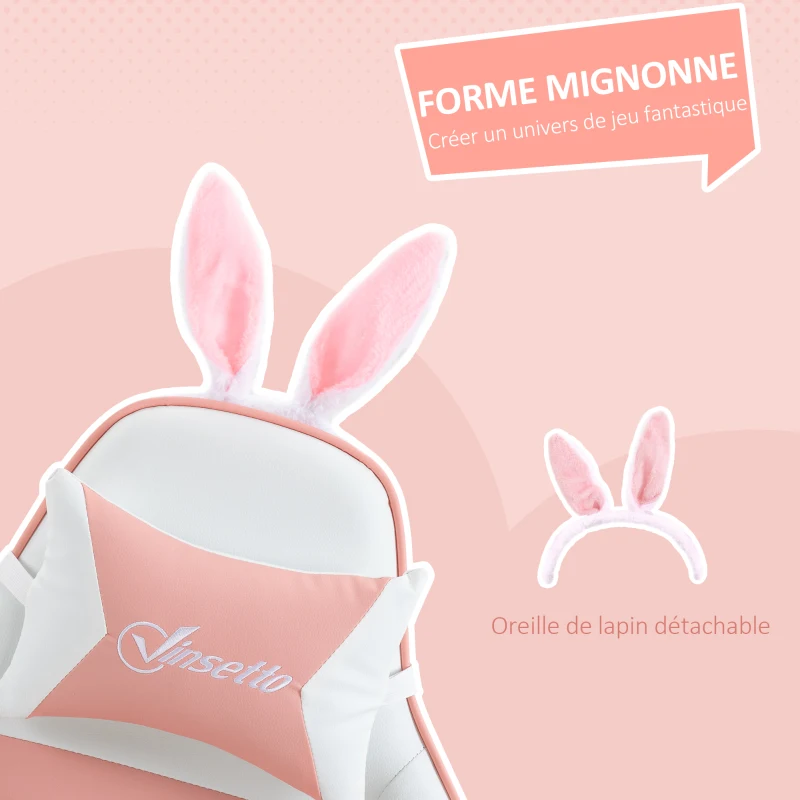 Vinsetto Chaise de gaming avec support lombaire, hauteur réglable, dossier inclinable, oreilles de lapin et appui-tête, rose