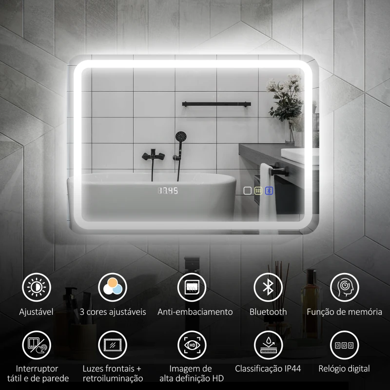 HOMCOM Espelho de Casa de Banho com Luz LED 70x50 cm Bluetooth 3 Cores de Luz Relógio Digital Função Antiembaciamento Memória Prata