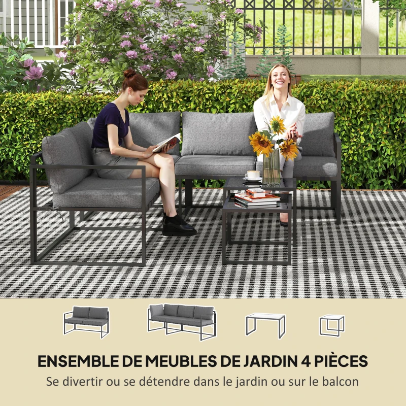 Outsunny Salon de jardin extérieur d'angle 4 pièces avec 2 canapés et 2 tables basses gigognes en verre trempé, gris