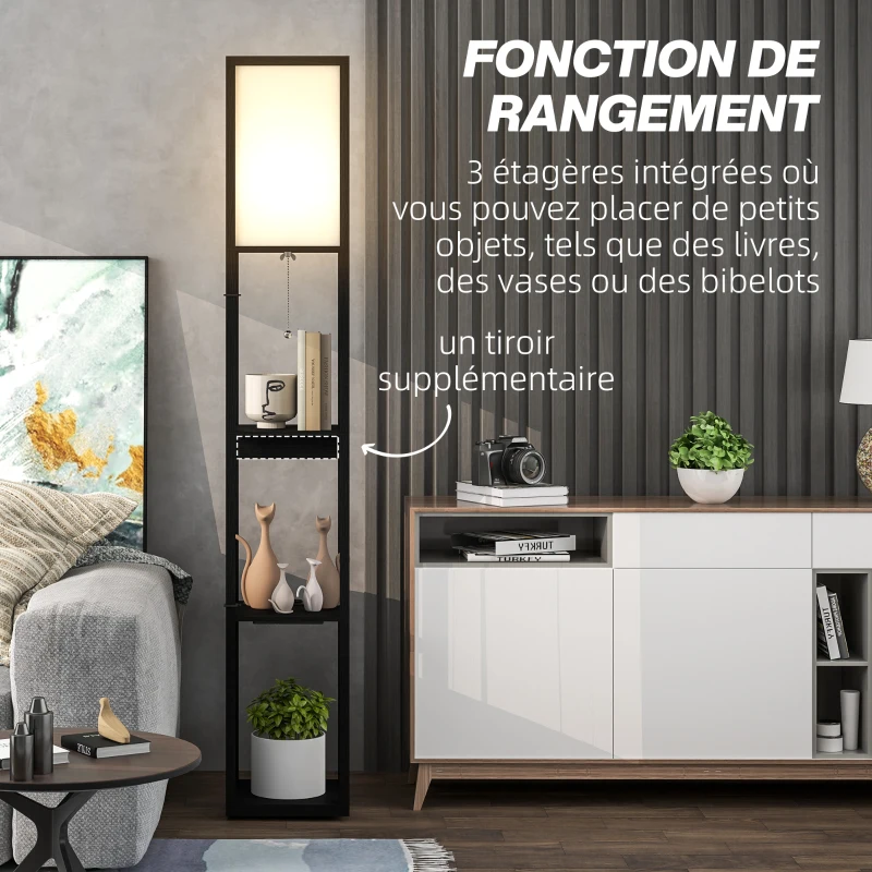 HOMCOM Lampadaire avec étagères moderne à LED avec port USB A+C, interrupteur à pied pour salon, chambre, bureau, noir