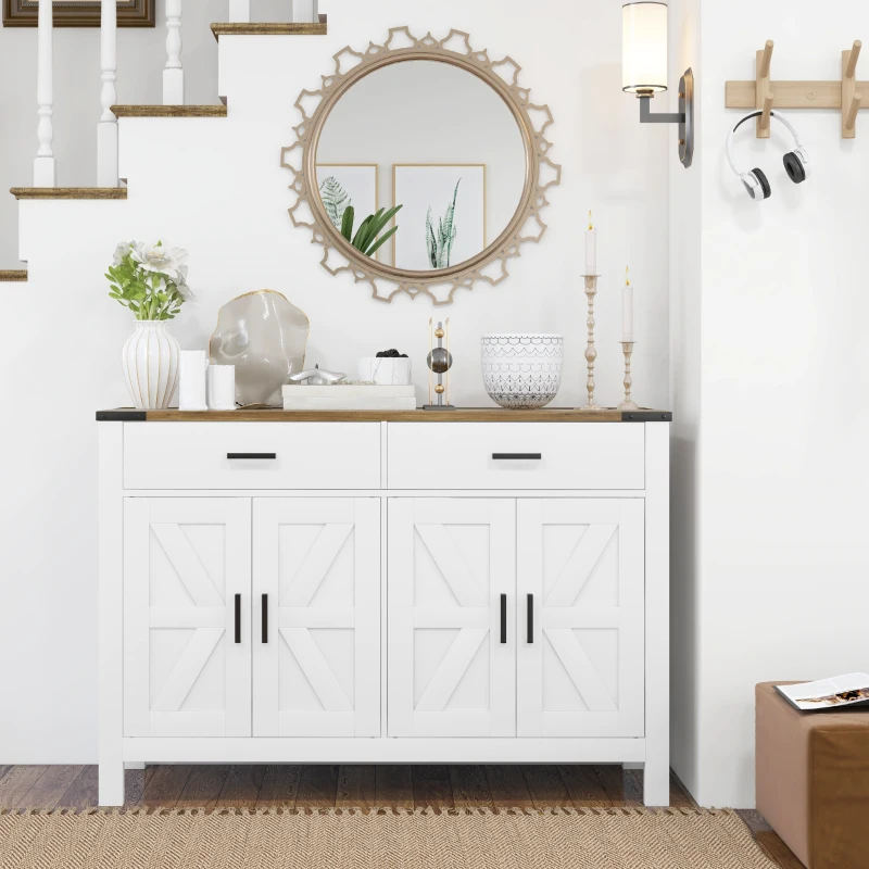 HOMCOM Buffet meuble de rangement style rural 2 tiroirs et 2 placards avec étagères réglables, 120 x 39,3 x 82,5 cm, blanc
