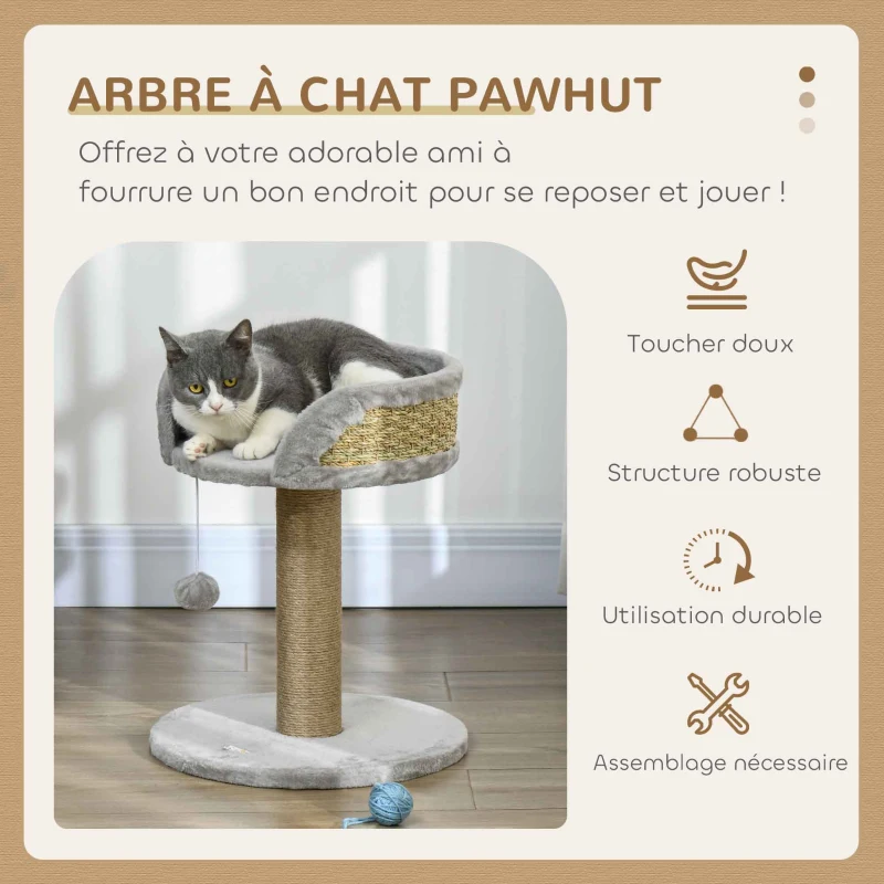 PawHut Arbre à chat arbre à grimper grattoir design jeu pompon suspendu + plateforme peluche 40 x 40 x 49 cm jute gris