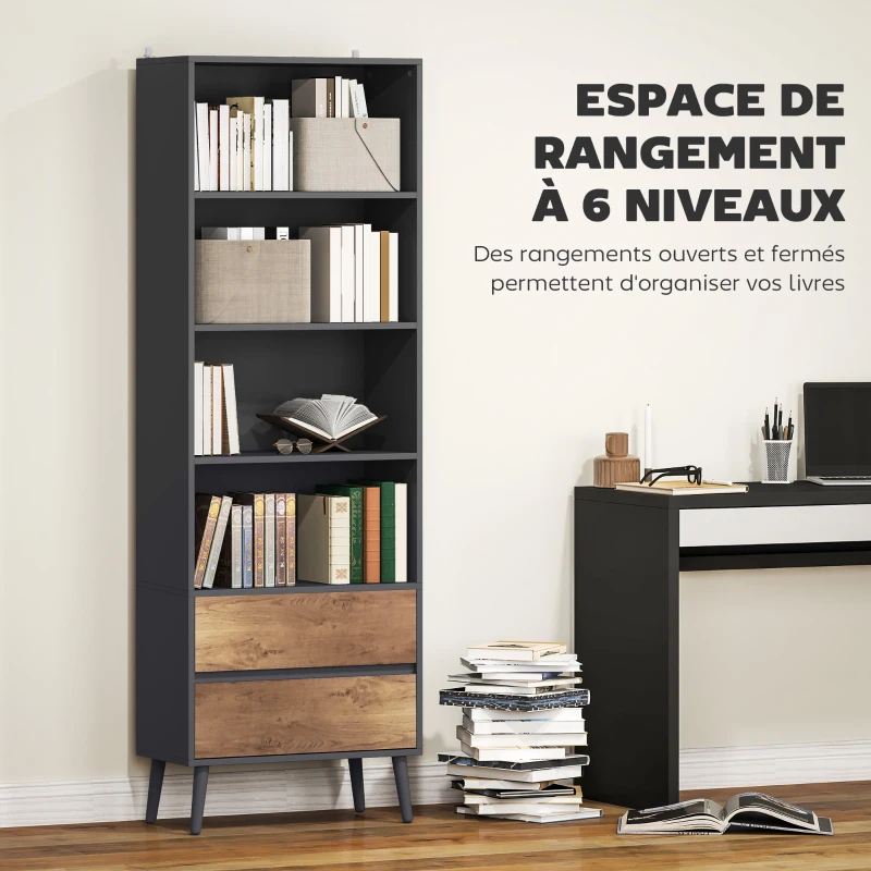 HOMCOM Bibliothèque meuble de rangement avec 4 compartiments ouverts et 2 tiroirs, 60 x 30 x 179 cm, gris