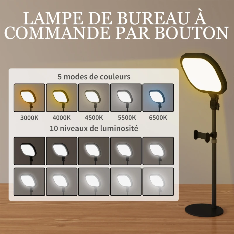 HOMCOM Lampe de bureau LED dimmable 5 modes de couleur 10 niveaux de luminosité port USB minuterie support pour téléphone noir