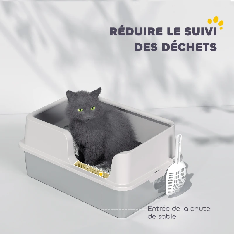 PawHut Litière pour chat, bac à litière en acier inoxydable avec côtés hauts pelle nettoyage facile 60 x 40 x 28 cm gris clair