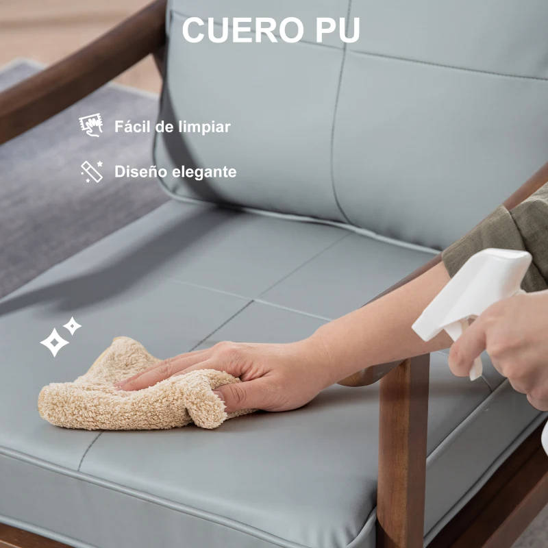 HOMCOM Sillón de Salón Tapizado en PU con Marco de Madera Cojines Acolchados Gruesos Gris y Madera Nogal