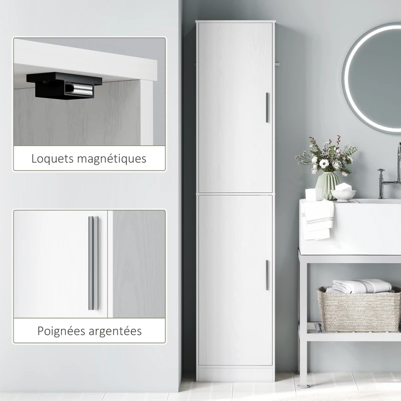 HOMCOM Meuble de salle de bain colonne avec 2 portes et 4 étagères réglables, 40 x 35 x 180 cm, blanc