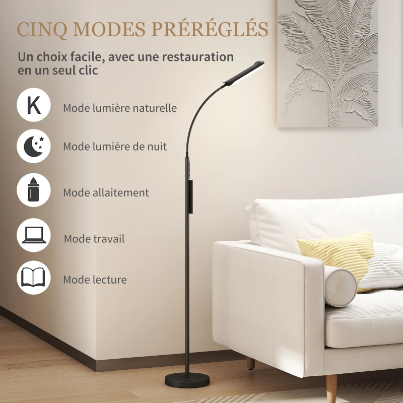 HOMCOM Lampadaire sur pied de salon avec télécommande, contrôle tactile, température couleur et luminosité réglables, noir