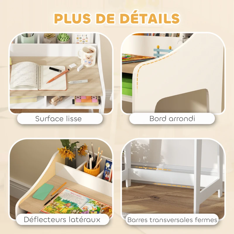 AIYAPLAY Ensemble bureau et chaise pour enfant 3 à 8 ans avec compartiments et étagères ouverts, effet bois naturel