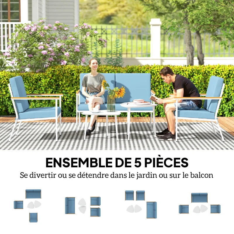 Outsunny Salon de jardin extérieur 4 personnes, salon de balcon 5 pièces avec canapé, 2 fauteuils et 2 tables basses bleu clair