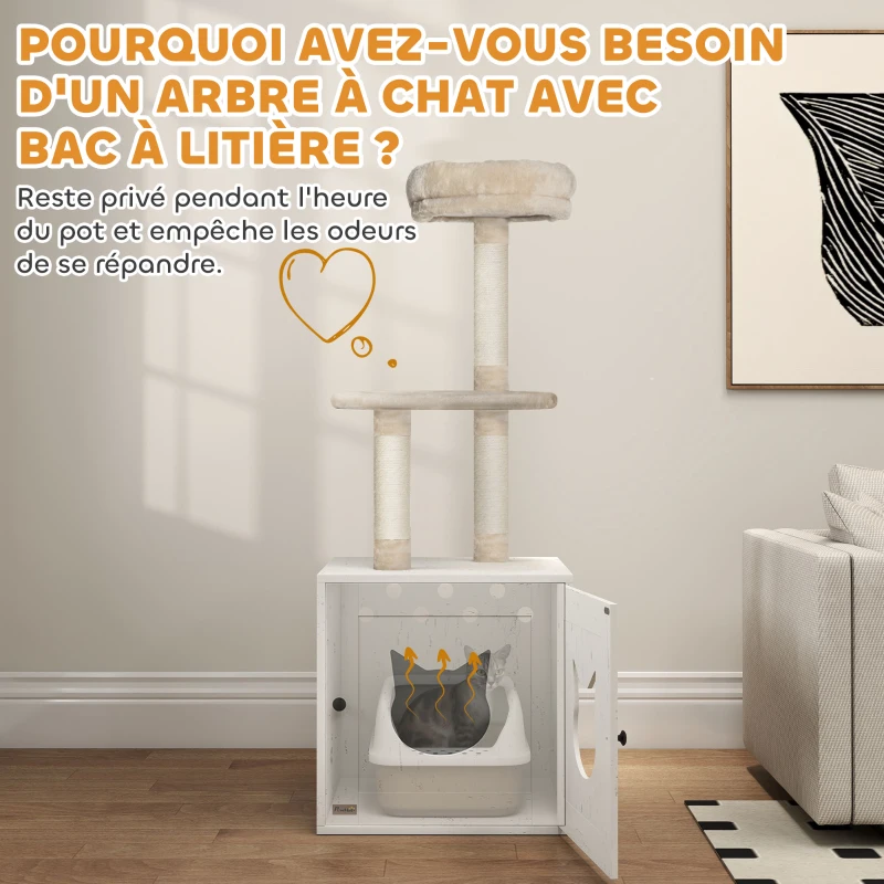 PawHut Arbre à chat avec maison de toilettes, tour de jeu 2-en-1 de 129 cm avec cache-litière, poteaux à griffer, crème