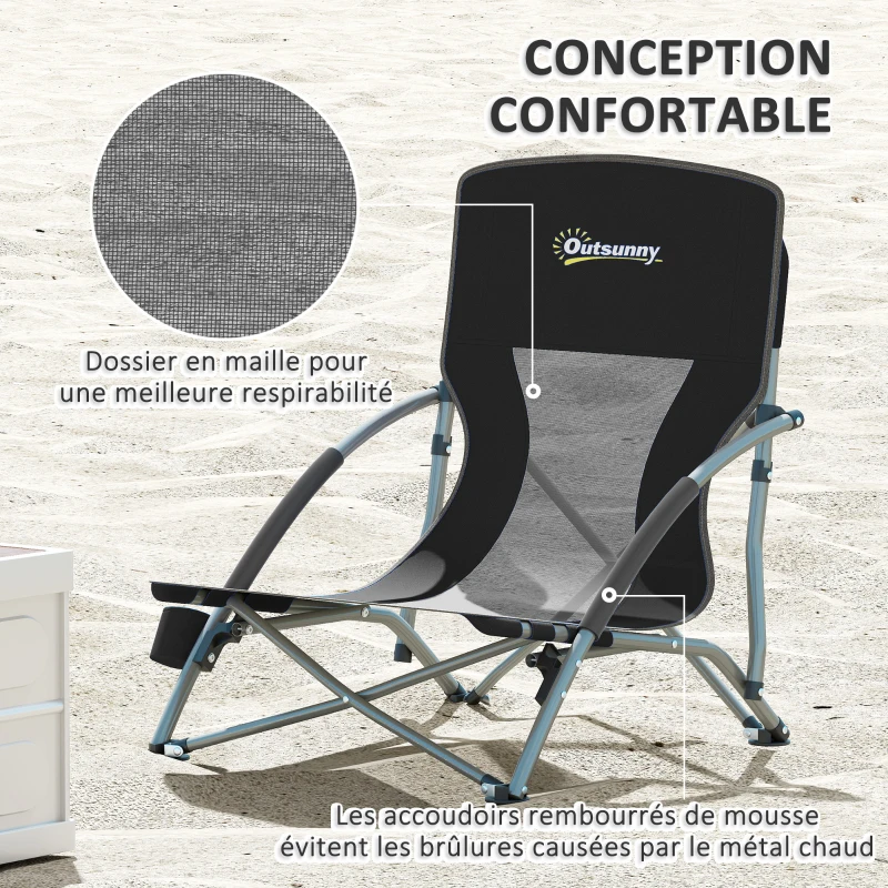 Outsunny Lot de 2 chaises de plage pliable chaises camping pliante légère sac de transport porte-gobelet 58 x 55 x 62 cm noir