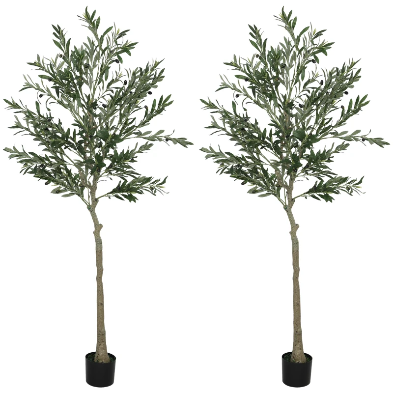 HOMCOM Set of 2 6ft/ 180cm Decorative Artificial Plant, Silk Olive Tree with 900 Leaves and 40 Olive Fruits in Pot, Fake Plant for Home, Office, Living Room, Indoor Decor