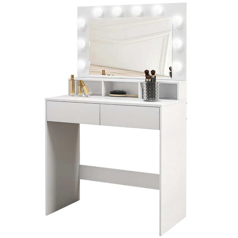 HOMCOM Tavolo da Trucco con Specchio e 10 Luci LED Regolabili, 2 Cassetti e 3 Scomparti, 80x40x135 cm, Bianco