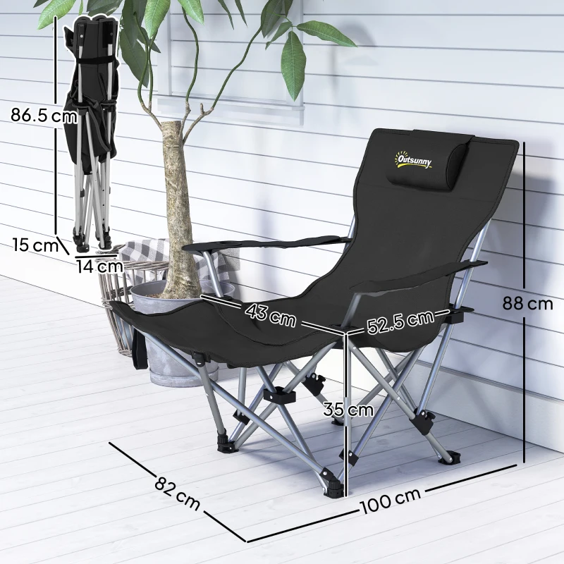 Outsunny 2er Set Campingstuhl faltbar Angelstuhl mit abnehmbar Fußstütze Kopfstütze Getränkehalter belastbar 120 kg Schwarz