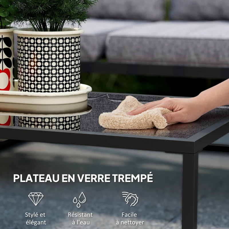 Outsunny Salon de jardin extérieur d'angle 4 pièces avec 2 canapés et 2 tables basses gigognes en verre trempé, gris