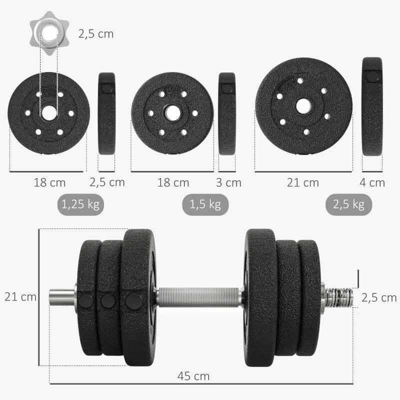 HOMCOM Ensemble d'haltères courtes total 25 kg dumbbell paires poids réglable - barres incluses acier polyuréthane noir