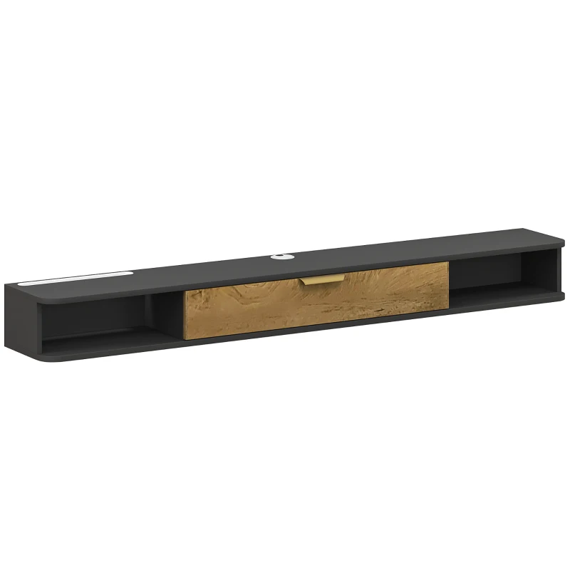 HOMCOM Meuble TV suspendu avec compartiments ouverts, porte rabattable et passe-câbles, 160 x 24 x 16 cm, gris