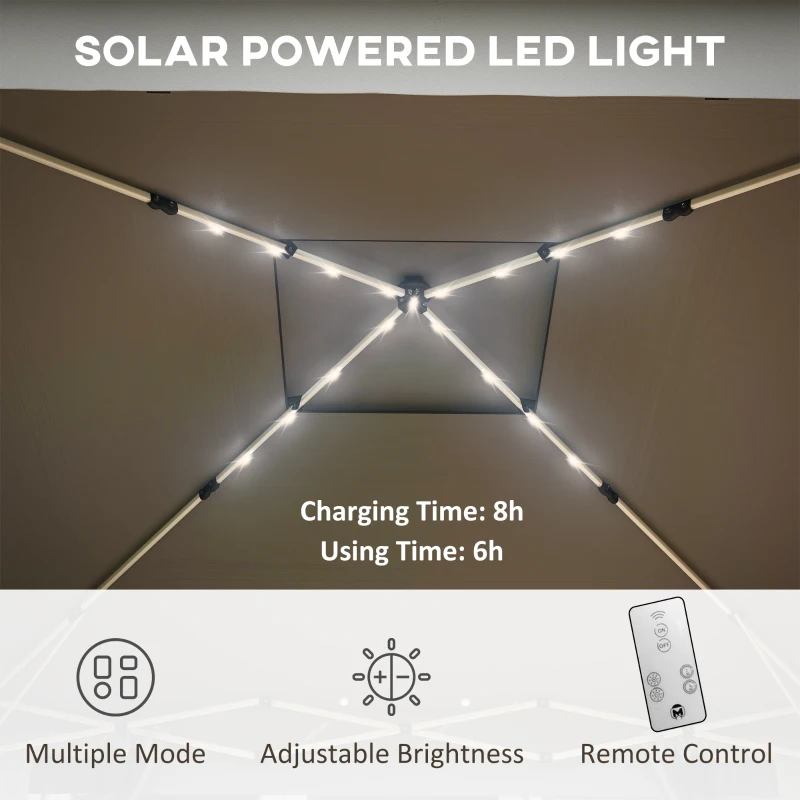 Outsunny Pawilon ogrodowy z lampkami LED zasilany energią słoneczną, 336 cm x 336 cm x 270 cm, Szary