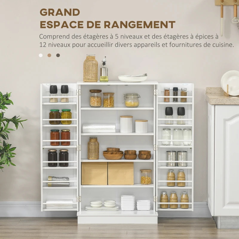 HOMCOM Armoire meuble de cuisine garde-manger 2 portes avec 5 étagères et 12 porte-épices - 60 x 30 x 104 cm - blanc