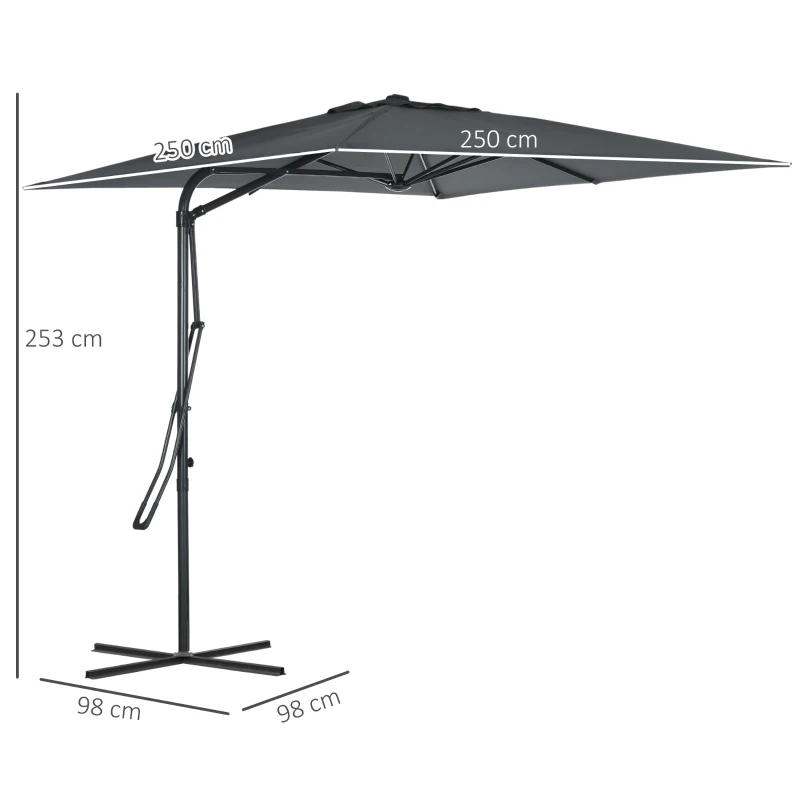 Outsunny Parasol déporté carré 2,5 x 2,5 m, parasol de jardin extérieur protection UV base croisée incluse gris foncé