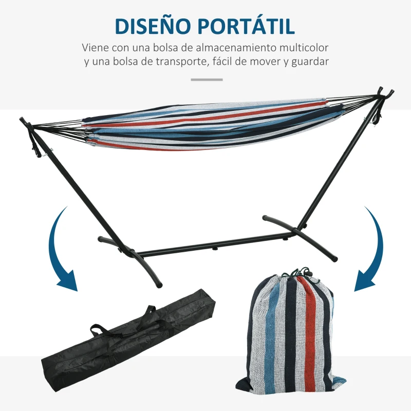 Outsunny Hamaca con Soporte 310x117cm para Camping con Altura Ajustable y Bolsa de Transporte Carga 120 kg Rayas Azul y Blanco