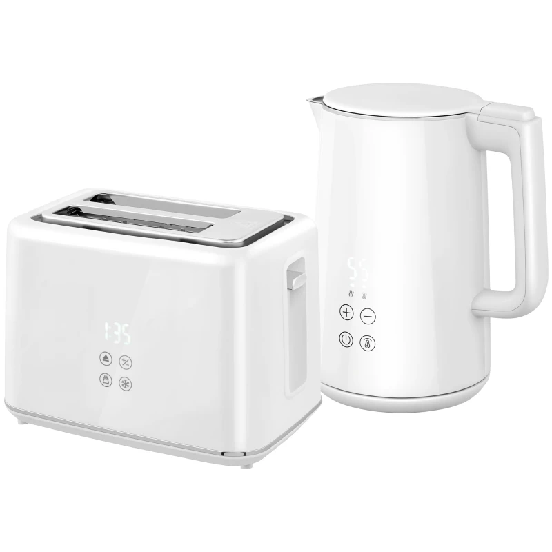 HOMCOM Ensemble bouilloire grille-pain, bouilloire en acier inoxydable 1,5 L et 2200 W et grille-pain à 2 tranches, crème