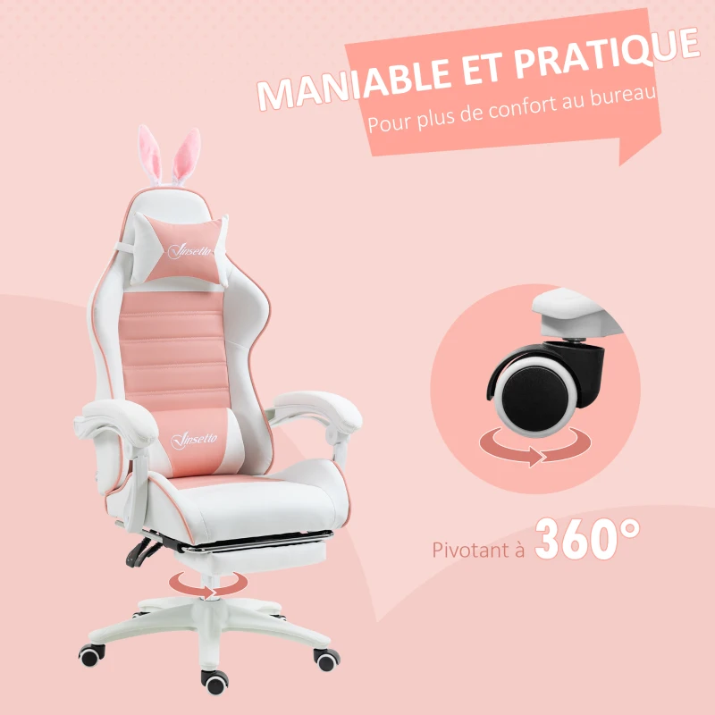 Vinsetto Chaise de gaming avec support lombaire, hauteur réglable, dossier inclinable, oreilles de lapin et appui-tête, rose