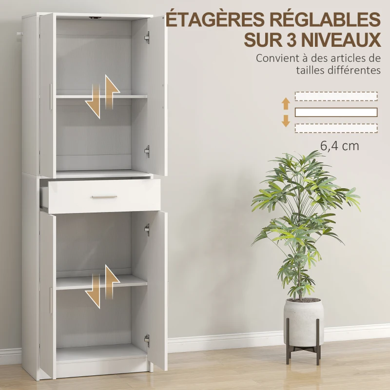 HOMCOM Armoire de cuisine moderne avec placards à portes, étagères réglables et tiroir, 60 x 35 x 180 cm, blanc