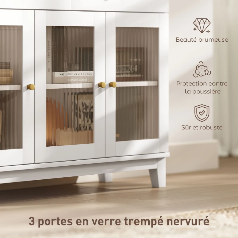 HOMCOM Buffet salon avec 2 placards à portes en verre trempé nervuré, 2 tiroirs et étagères réglables, 100 x 35 x 80,3 cm, blanc