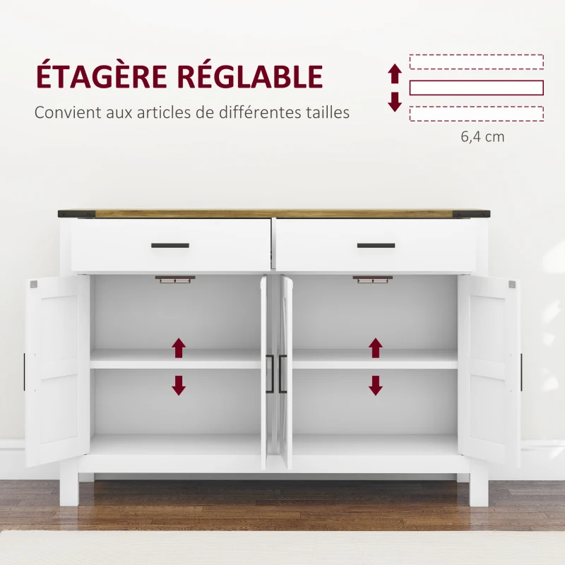 HOMCOM Buffet meuble de rangement style rural 2 tiroirs et 2 placards avec étagères réglables, 120 x 39,3 x 82,5 cm, blanc