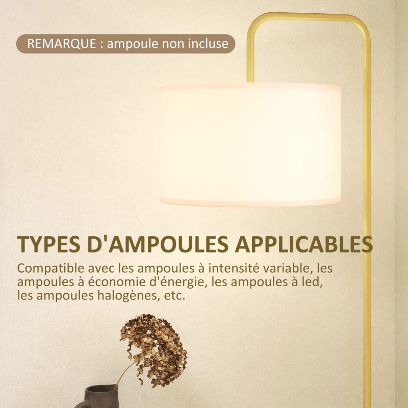 HOMCOM Lampadaire sur pied salon style moderne avec abat-jour aspect lin et interrupteur à pied 163,5 cm doré et blanc