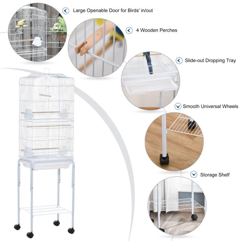 Pawhut Large Metal Bird Cage with Breeding Stand Feeding Tray Wheels for Parrot Parakeet Macaw Pet Supply, White, 47.5 L x 37 W x 160 H (cm)