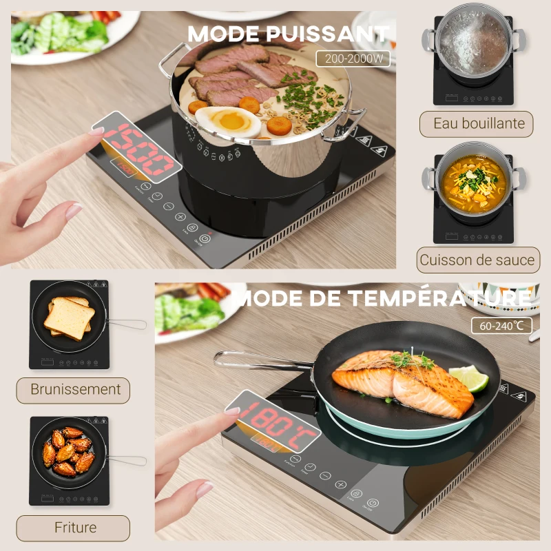 HOMCOM Plaque à induction portable 2000 W 10 températures 10 puissances minuterie écran LED verrouillage enfant noir