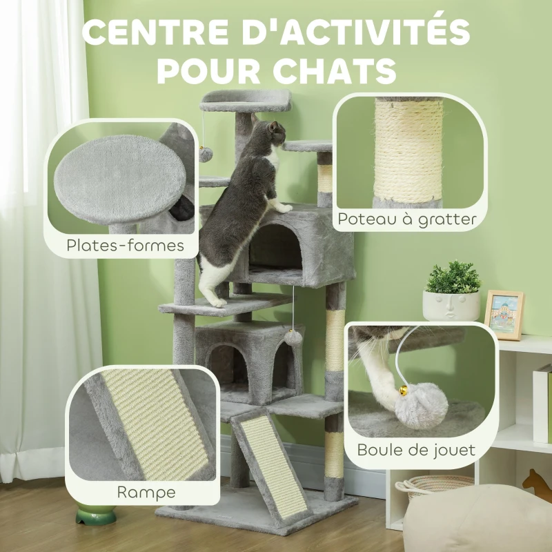 PawHut Arbre à chat hauteur 138 cm, tour de jeux pour chats avec griffoir, plate-formes, 2 niches, 49 x 49 x 138 cm gris clair